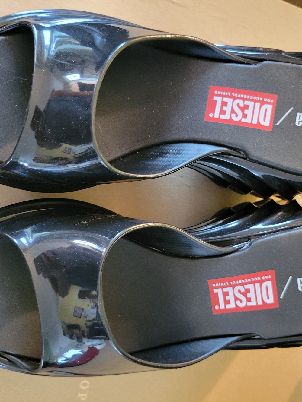 Limited Edition- Diesel Women's Black Patent Peep-Toe Wedge Sandals
